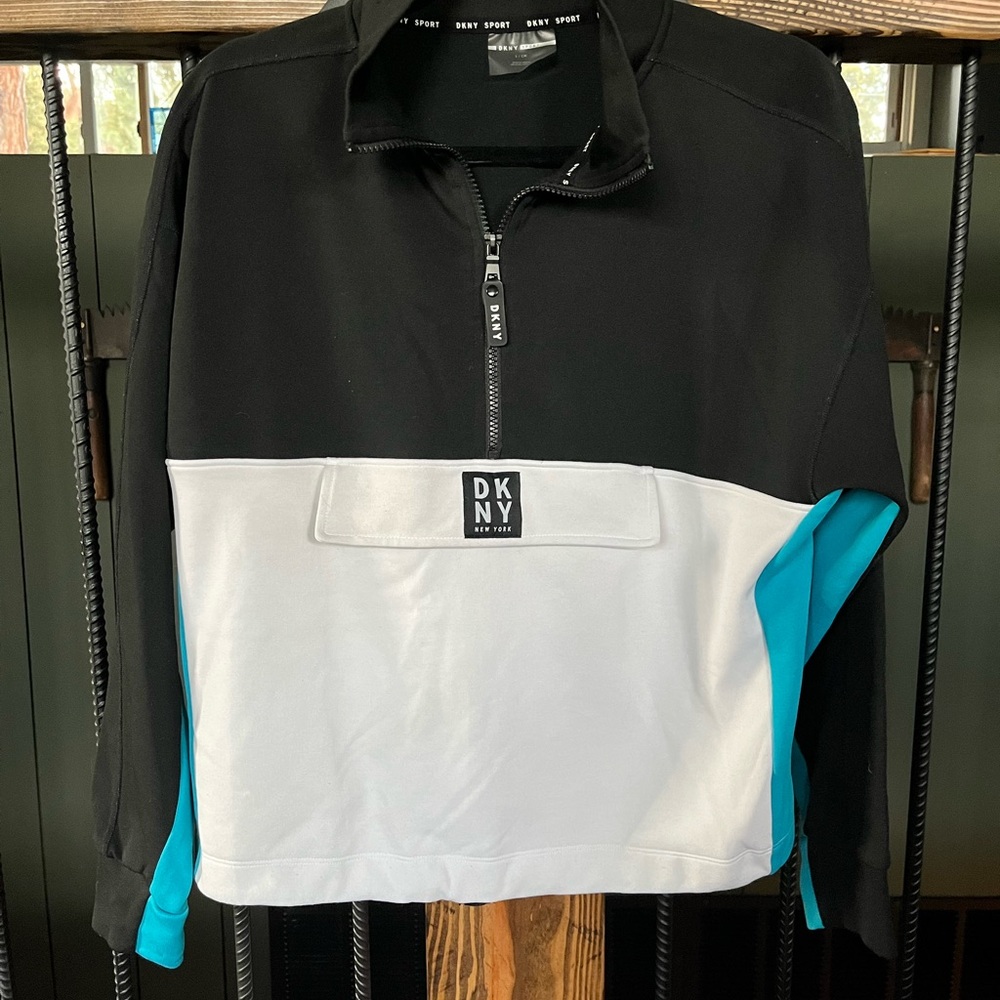 DKNY Black and White 1/2 Zip-Up Top with Front Pocket
